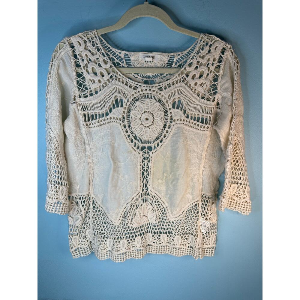 Taylor & Sage Cream Embroidered Boho Coquette Coastal Beach Top Shirt Size XS